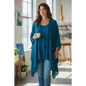 Caroline Rose 2 Piece Set Jacket & Tank Top Blue Crinkle Crepe Pluse Size 3X